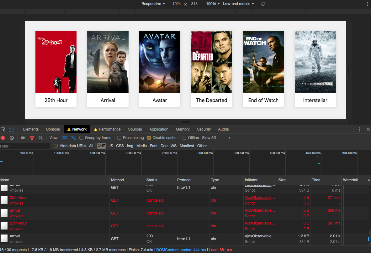 Screenshot of the Chrome devtools showing our canceled requests